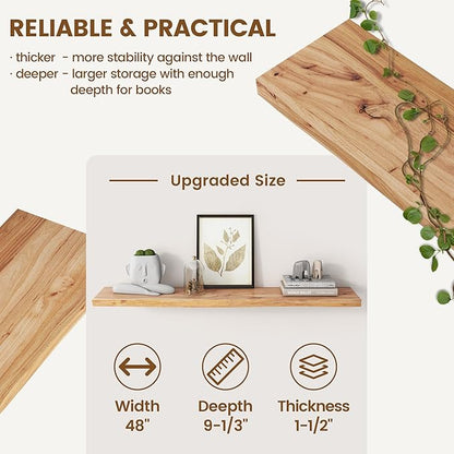 Reclaimed Elm Wood Floating Shelf for Wall, Live Edge 48"W x 9.2"D x 1.4"H, 1 Pack with Invisible Bracket, Large Wall Mounted Shelf for Living Room Bedroom Kitchen Bathroom Decor, Natural Finish