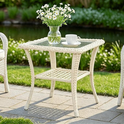 MEETWARM Wicker Outdoor Side Table, All-Weather Patio Rattan Side Table with Tempered Glass Top and Storage Shelf, Small Patio End Table for Outside Indoor Outdoor Balcony Porch Deck, Cream White