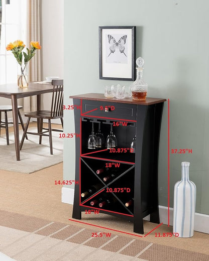 Kings Brand Hiland Bar Cabinet Wine Storage With Glass Holders & Drawer, Black, Black