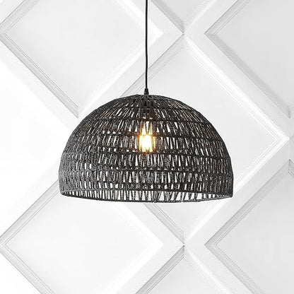 JONATHAN Y 20" Black Modern Bohemian Woven Rope LED Pendant Light Fixture, Adjustable Dome Ceiling Lamp for Kitchen Island, Rope Shade, Coastal Farmhouse Decor (JYL6504C)