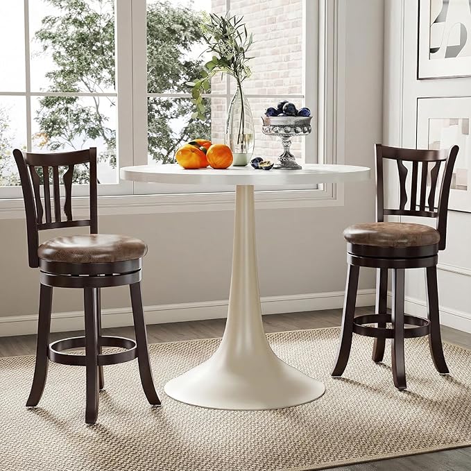 Giantex Swivel Bar Stools Set of 2, 26" Upholstered Counter Height Bar Chairs with Back, Faux Leather Seat, Solid Rubber Frame & Wrap-Around Footrest, Wooden Barstools for Kitchen Island, Pub