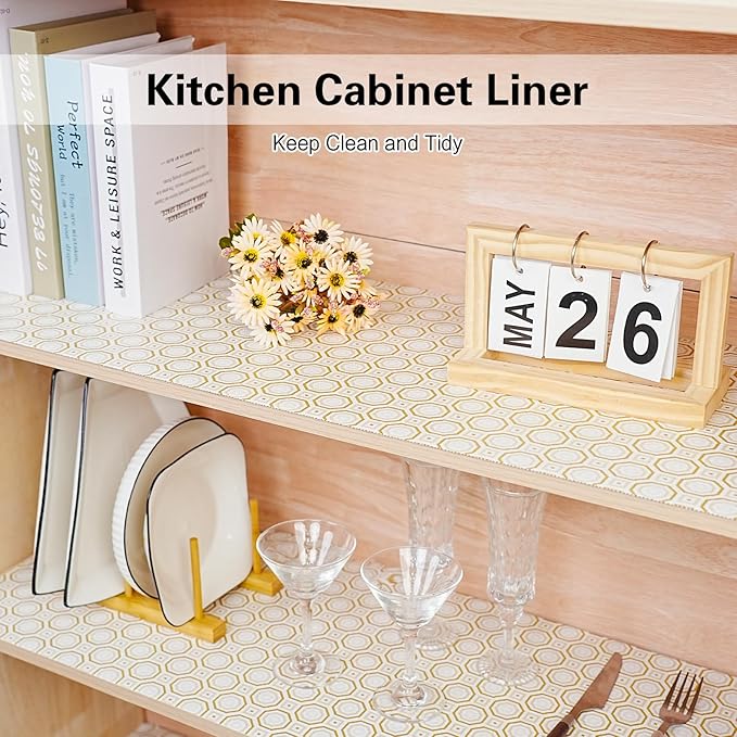 Drawer and Shelf Liner for Kitchen Cabinet,Non-Adhesive Cabinet Liner 24in x 30FT,Waterproof Shelf Paper Non-Slip Mats Cupboard Liners Contact Protect Dresser/Shelves/Table-Gold Octagonal