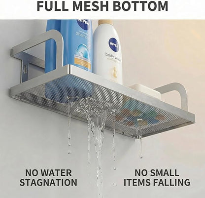 PUSDON 2-Pack Wide Hollowout Shower Caddy & Spice Rack, Wall Mount Bathroom Organizer with Mesh Bottom, Easy Access Cabinet Door Shelf Holds 50LBS - Silver Gray, Hollowout