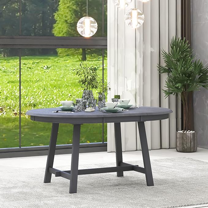 57" Extendable Island Table, Rustic Dining Table with Solid Wood Legs, Mid Century Dining Tables with MDF Top for Family Gatherings, Gray