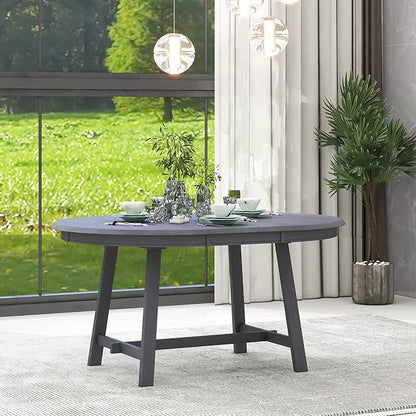 57" Extendable Island Table, Rustic Dining Table with Solid Wood Legs, Mid Century Dining Tables with MDF Top for Family Gatherings, Gray