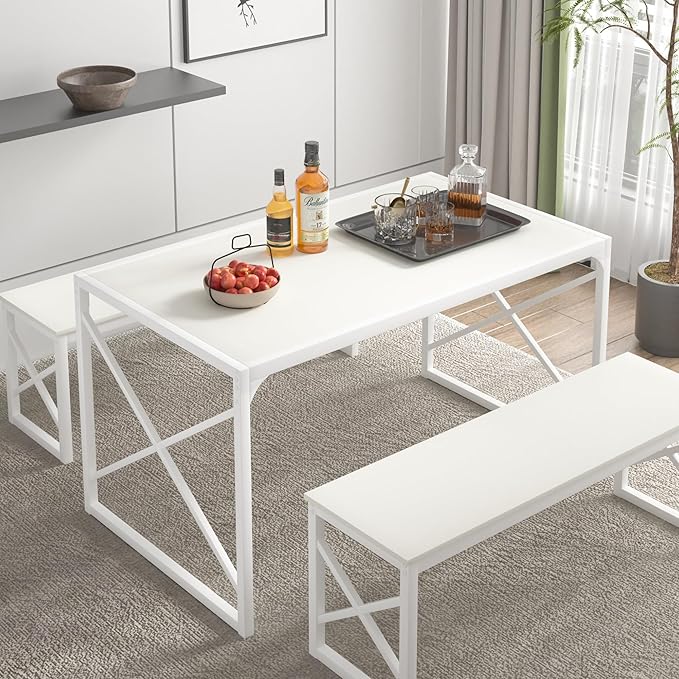 VECELO Kitchen Dining Table Benches Set for 4/6, 55" Wooden Dinette with 2 Benches, Large Embedded Desktop for Small Space, Breakfast Nook, White
