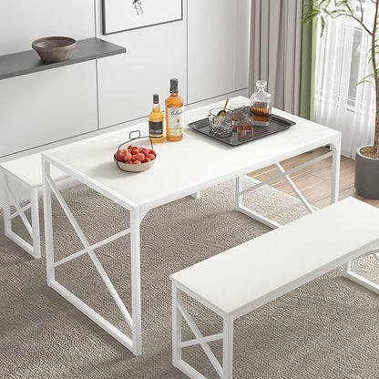 VECELO Kitchen Dining Table Benches Set for 4/6, 55" Wooden Dinette with 2 Benches, Large Embedded Desktop for Small Space, Breakfast Nook, White