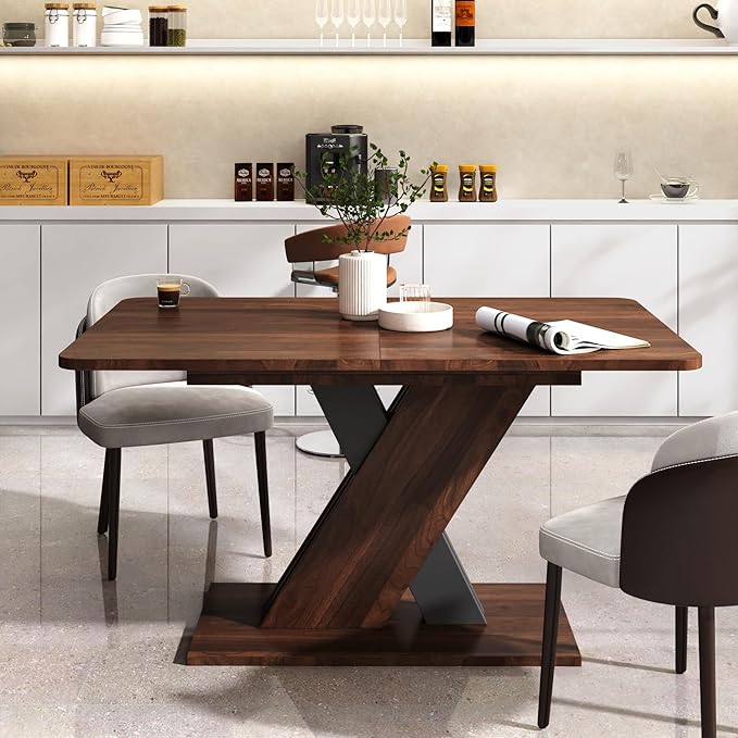55.12"-70.78" Wooden Extendable Dining Table for 4-8, Modern Expandable Kitchen Table with X-Shaped Design Base and Wood Grain Tabletop for Living Room, Dining Room, Walnut