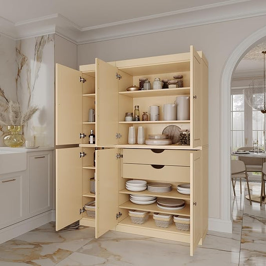 Palace Imports Solid Wood Kitchen Pantry Cabinet - 71.5" H x 48.5" W Tall Freestanding Storage Pantry w/ 2-Drawer Kit & Adjustable Shelves - Yellow, Renewable Eco-Friendly 100% Wood, Made in Brazil