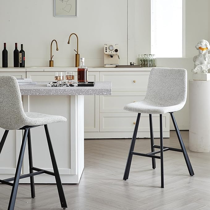 Textured Light Gray Fabric Bar Stool Upholstered Counter Height Chair with Sturdy Black Metal Legs for Kitchen Island, Home Bar, Dining Room (Single),2 Sets