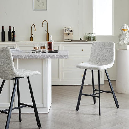 Textured Light Gray Fabric Bar Stool Upholstered Counter Height Chair with Sturdy Black Metal Legs for Kitchen Island, Home Bar, Dining Room (Single),2 Sets