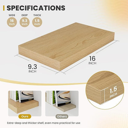 Acovy 16 Inch Floating Shelves, 9.3" Deep Floating Shelf Wall Mounted, 16" Wall Shelves, Rustic Deep Bookshelf, Large Display Shelves & Storage Shelves for Bedroom, Living Room, Oak, Set of 2