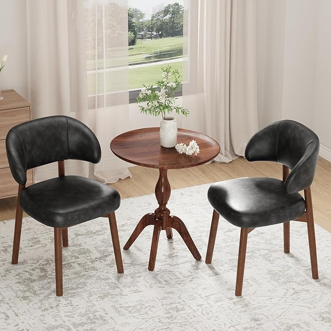MALOL Wooden Dining Chairs Set of 2, Modern Upholstered Dining Room Chair, PU Leather Kitchen Side Chairs with Curved Open Back for Living Room/Restaurant/Cafe, Black