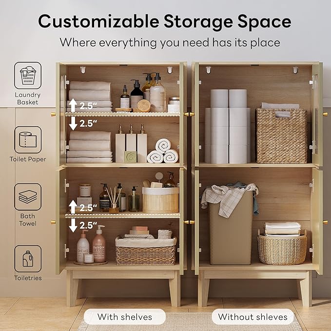 LIKIMIO Bathroom Storage Cabinet, Wooden Floor Cabinet with 4 Doors, 2 Adjustable Shelves & Solid Wood Legs, Freestanding Storage Unit for Bathroom, Kitchen, or Dining Room