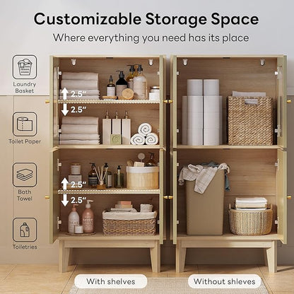 LIKIMIO Bathroom Storage Cabinet, Wooden Floor Cabinet with 4 Doors, 2 Adjustable Shelves & Solid Wood Legs, Freestanding Storage Unit for Bathroom, Kitchen, or Dining Room