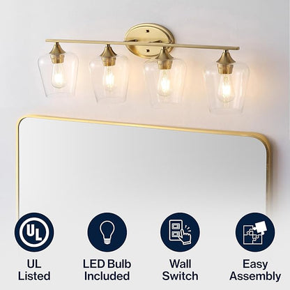 JONATHAN Y 32" Brass Gold 4-Light Farmhouse Rustic LED Vanity Light Sconce, Clear Glass Shade, Vintage Indoor Fixture for Bathroom Mirror, LED Bulb Included (JYL7548B)