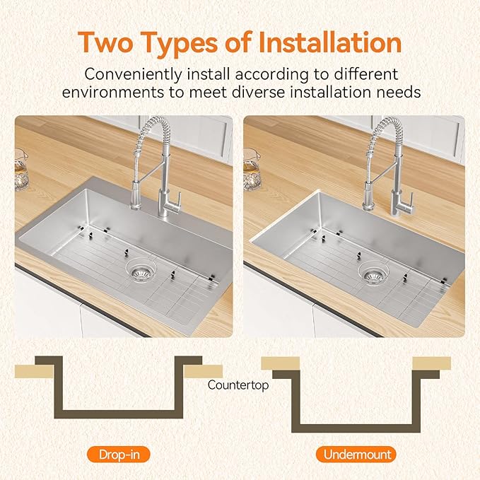 33 x 22 Drop-In/Undermount Kitchen Sink, TECASA Single Bowl Kitchen Sink, 18-Gauge T-304 Stainless Steel Basin with Accessories