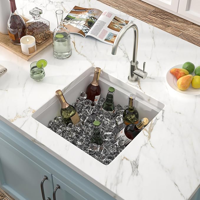 18"x18" Undermount Wet Bar Sink Workstation - White Granite Composite Quartz Classic Single Bowl Under Counter Small Kitchen Bar Prep RV Sink Basin