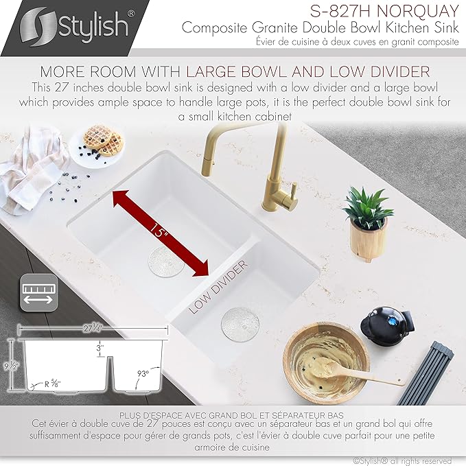 Stylish 27.25 x 18.75 Inch Drop In or Undermount Kitchen Sink Double Bowl Workstation 9.5 Inches Deep Granite Composite Kitchen Sinks with Regular Strainers White, S-827H