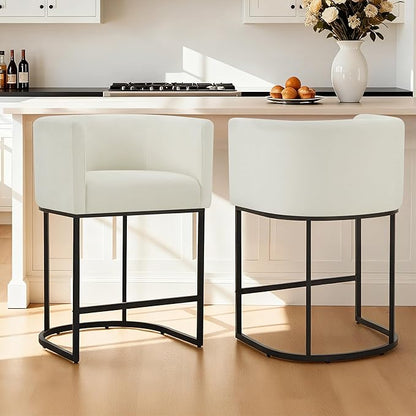 24" Counter Height Bar Stools Set of 4, Modern Barrel Counter Stools with Backrest and Arms, Fabric Upholstered Accent Barstools with Metal Legs for Kitchen Island,Ivory