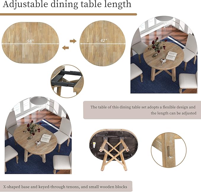 Ball & Cast Farmhouse Extendable Dining Table for 4-6, 42"-58" Extendable Kitchen-Table with a 16" Leaf, Round Ellipse Retro Wood Dining Room-Table w/Removable Leaves,Space Saving, Natural