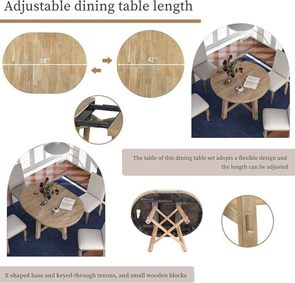 Ball & Cast Farmhouse Extendable Dining Table for 4-6, 42"-58" Extendable Kitchen-Table with a 16" Leaf, Round Ellipse Retro Wood Dining Room-Table w/Removable Leaves,Space Saving, Natural