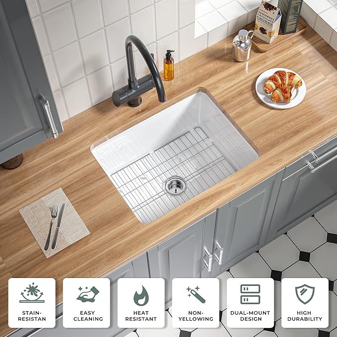 White Fireclay Undermount KItchen Sink 24 Inch, Single Bowl Small Topmount White Undermount Laundry Sink 24''x19''x11'' Drop In, Heavy Duty Deep Basin, Dual Mount, for Kitchen, Island, Laundry
