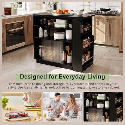 Modern Counter Height Dining Table,Extendable Kitchen Island & Buffet with Acrylic Sliding Doors,Pegboard,Half-Open Storage Shelves,Aluminum Alloy Handles (Black-MC)
