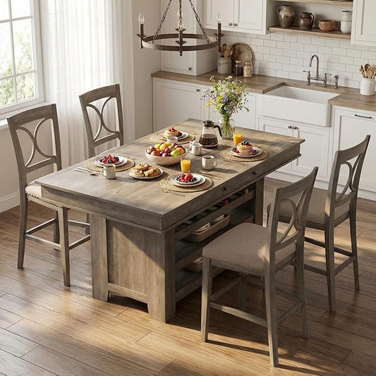 IDEALHOUSE 60" Wood Dining Table for 4-6, Counter Height Kitchen Table with Wine Rack and 2 Drawers, Open Shelves and Sturdy Legs, 4-Tier Stationary Kitchen Island for Dining Room and Kitchen