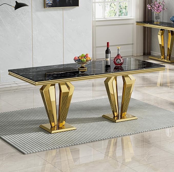 Black Marble Dining Table for 4 6 8, Modern 68 Inch Kitchen Table with Faux Marble Top and Gold Dimaond Design Pedestal Base, Luxurious Rectangular Large Dining Room Table,Home Kitchen Furniture