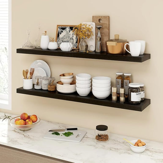 Acovy 48 Inch Floating Shelves, 9.3" Deep Floating Shelf Wall Mounted, 48" Wall Shelves, Rustic Deep Bookshelf, Large Display Shelves & Storage Shelves for Bedroom, Living Room, Black, Set of 1