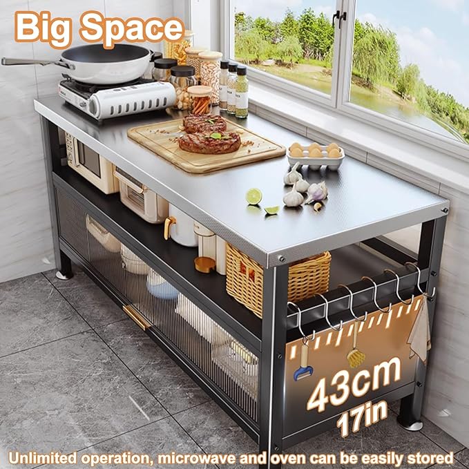 Metal Table Prep Table, Kitchen Island with Storage, Flip Door, Heavy Duty, Black, 88x43x60cm/35x17x24in