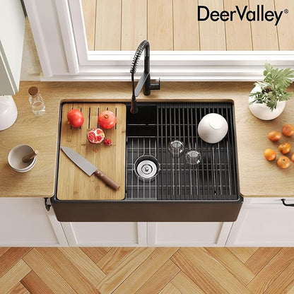 DeerValley Black Farmhouse Sink 33 Inch Fireclay Farmhouse Kitchen Sink Undermount Workstation Single Bowl Kitchen with Ledge and Workstation Accessories