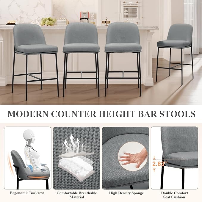 COLAMY Counter Height Bar Stools Set of 2, 25 Inch Modern Fabric Kitchen Island Stools with Back, Upholstered Counter Barstools Armless Bar Chairs with Metal Legs for Island Dining Room Bar,Dark Grey