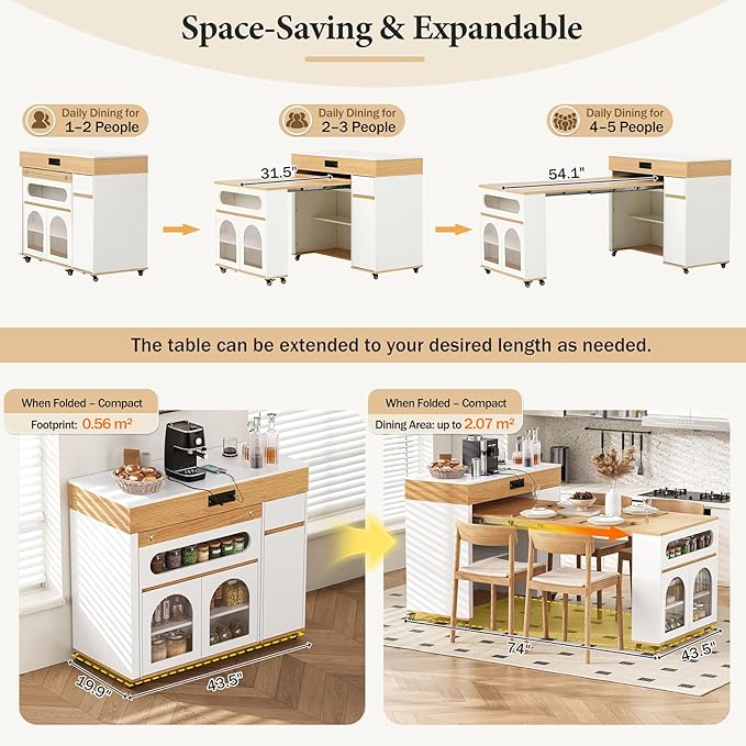 Extendable Kitchen Island with Extended Dining Table and Power Outlet, Rolling Kitchen Island with Drawers, and Brake Lock, Storage Cabinet for Kitchen and Dining Room (Natural + Creamy White)