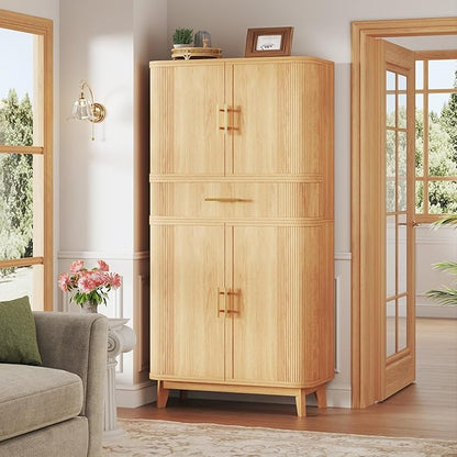 HUAHUU 71" Pantry Cabinet with Drawer, Kitchen Pantry Storage Cabinet with 4 Doors, Modern Curved Storage Cabinets with 10 Large Storage Spaces for Dining Room, Living Room, Oak