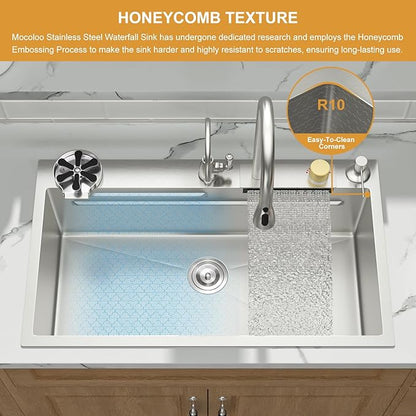 Mocoloo 33 Inch Honeycomb Waterfall Kitchen Sink - 33x19 Drop In Ledge Workstation 16 Gauge Stainless Steel Single Bowl Modern Sink with Faucet Combo and Built-in Accessories