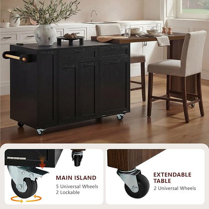 Kitchen Island with Extendable Dining Table, Rolling Kitchen Cart with Drawers and Trash Storage Cabinet, Island Mobile Dining Table on Wheels with 3-Tier Pull-Out Spice Rack for Small Space Black