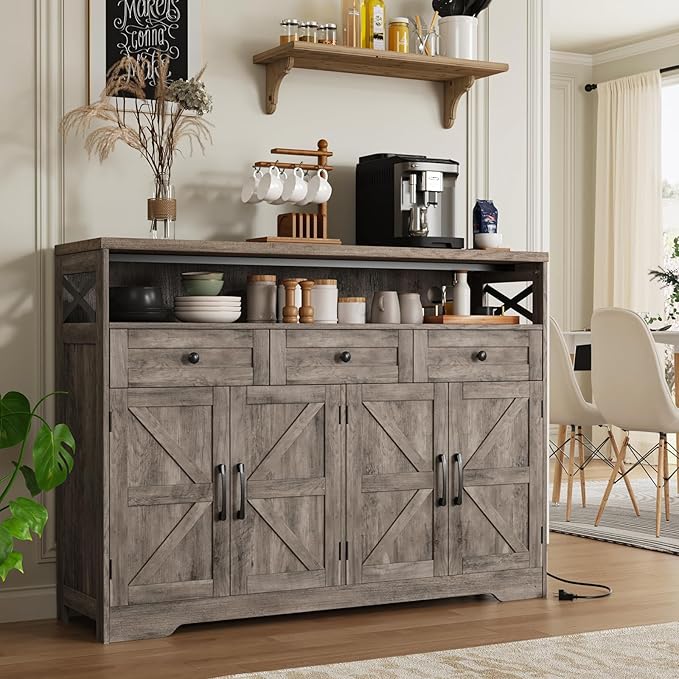 FiveWillowise 51" Farmhouse Buffet Sideboard with Storage, Kitchen Pantry Cabinet with Storage Drawers, Wood Cupboard Hutch, Coffee Bar Station Table for Kitchen, Living Room, Dining Room, Grey