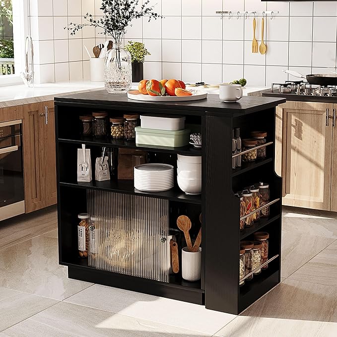 Modern Expandable Dining Table with Open Storage Shelf, Kitchen Island with Sliding Doors, Buffet Cabinet with Aluminum Alloy Handles (Black)