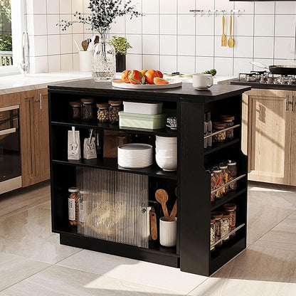 Modern Expandable Dining Table with Open Storage Shelf, Kitchen Island with Sliding Doors, Buffet Cabinet with Aluminum Alloy Handles (Black)