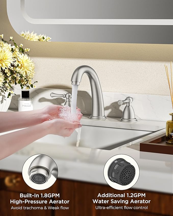 FORIOUS Faucet for Bathroom Sink 3 Hole,Brushed Nickel Bathroom Faucet Widespread with Pop Up Drain and Water Hose Supply, 2 Lever Handles Design,for Comercial Vanity RV Camper Sink