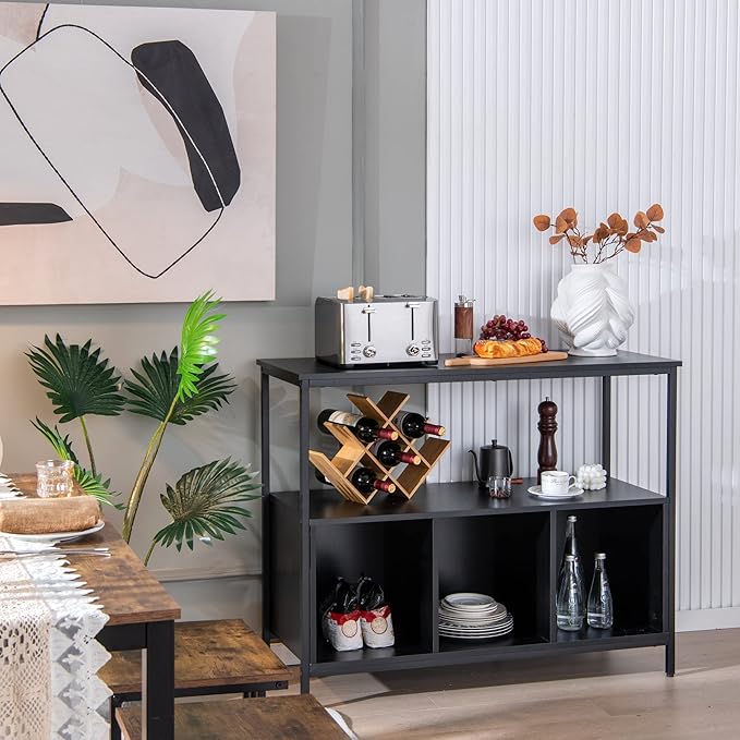 LOKO Buffet Cabinet with Open Shelves, Freestanding Kitchen Cabinet with 3-Cube Compartments, Coffee Bar Credenza Sideboard, 43.5 x 17 x 35 inches (Black)