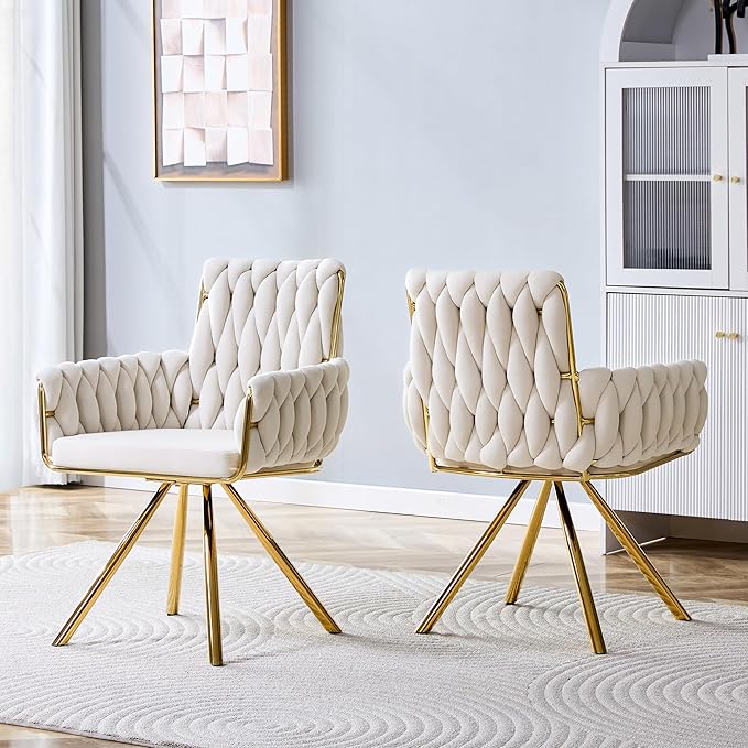 Upholstered Dining Chairs Set of 2, Hand-Woven Back Kitchen Chair, Large Gold Dining Chairs,Velvet Upholstery with Metal Legs, Modern Velvet Chair for Dining Room、Kitchen、Restaurant