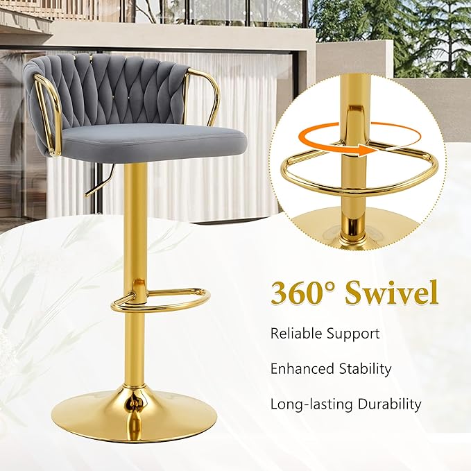 Velvet Bar Stools Set of 2, Woven Height Adjustable Swivel Barstools, Hydraulic Kitchen Counter Height Bar Chairs with Armrest and Back for Kitchen, Dining Room