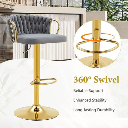 Velvet Bar Stools Set of 2, Woven Height Adjustable Swivel Barstools, Hydraulic Kitchen Counter Height Bar Chairs with Armrest and Back for Kitchen, Dining Room