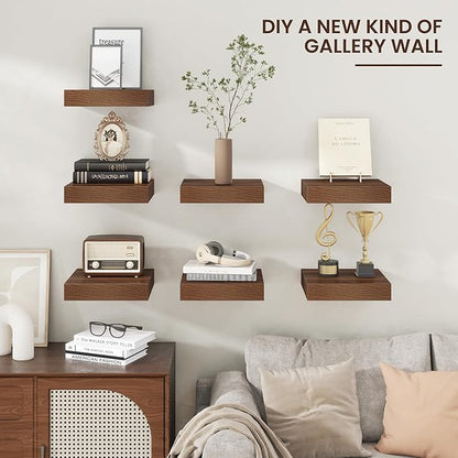 Venusmiles Square Floating Shelves for Wall, 12" W x 12" D x 2" H, 2 Pack, Small Wall Mounted Engineered Wood Shelves with Invisible Brackets for Living Room, Bedroom, Bathroom, Kitchen Decor, Walnut