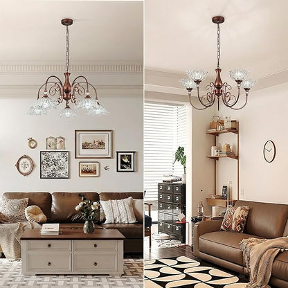 5-Light Vintage Chandeliers in Antique Red Bronze Finish with Crystal Glass Shades, Retro Chandelier Light for Dining Room, Hallway, Kitchen