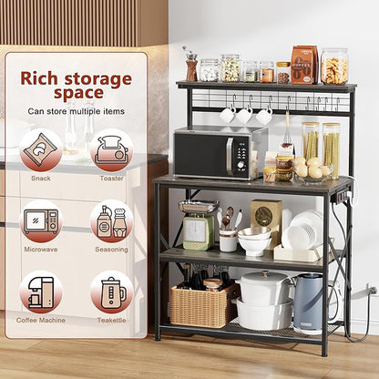 Furologee Kitchen Bakers Rack with Power Outlet,Coffee Stand with Storage 4 Tiers,Coffee Bar Station with a 31.5 Inch Larger Desktop and 8 S Hooks,Kitchen Microwave Rack for Spices,Pots,Black Oak