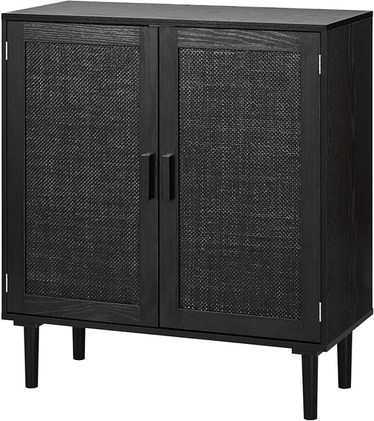 VEVOR Rattan Cabinet, Rattan Buffet Cabinet with 2 Magnetic Doors and Adjustable Shelves, Accent Sideboard Buffet with Wooden Legs & Power Cord Hole for Hallway, Entryway, Kitchen, Black